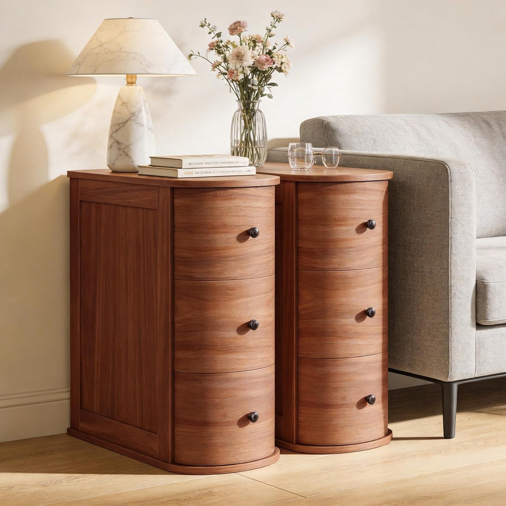 Shintenchi Vintage Nightstand Set of 2, Solid Wood End Table with 3 Drawers, Skinny Antique Nightstand, Rustic Narrow Night Stands Set of 2,Narrow Bedside Table Set of 2 for Living Room Bedroom,Walnut