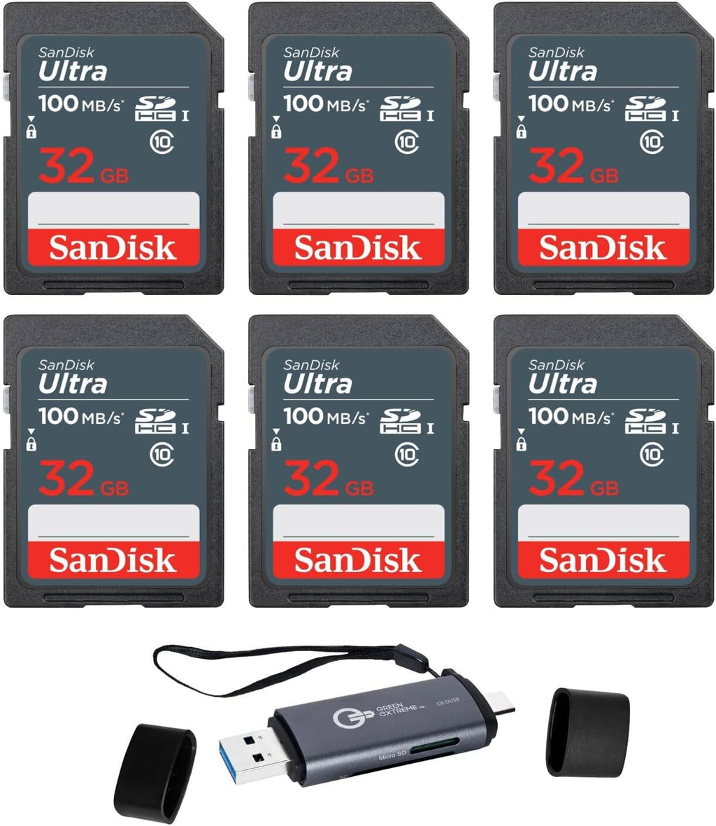 SanDisk 32GB Ultra 100MBs SDHC Memory Cards, 6-Pack, Bundle with Green Extreme USB 3.0 Type-A and Type-C OTG Card Reader