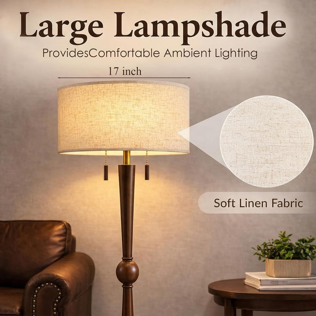MOFFE 62.8" Solid Wood Floor Lamp,Tall Standing Floor Lamp with 2-Light Pull Chain, 17" Linen Drum Shade, Sculptural Wood Base & Stem,Transitional Floor Lamp for Living Room Bedroom, Includes 2 Bulbs