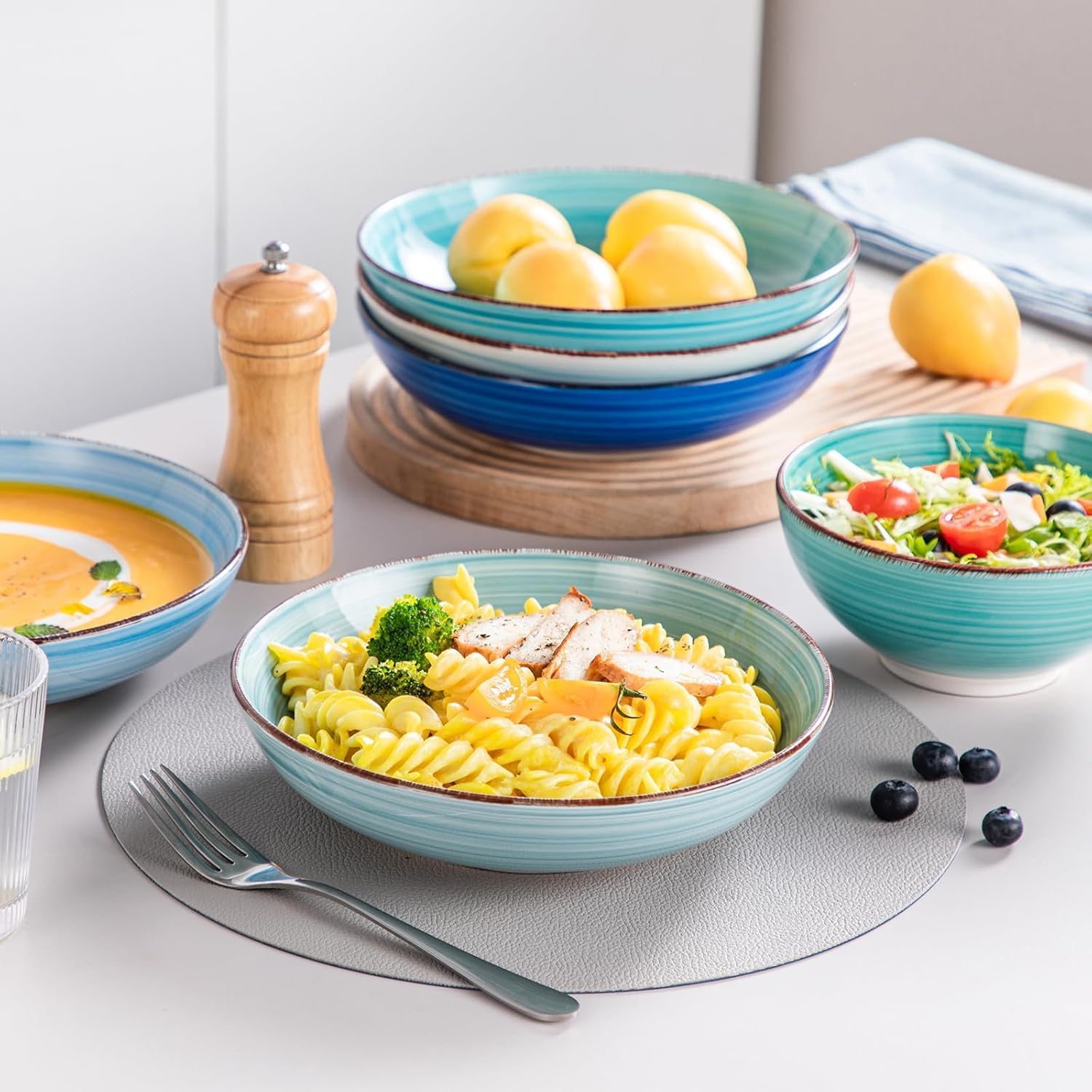 vancasso Bonita Stoneware Dinnerware Sets 24 Pieces Service for 6, Hand-Painted Spiral Dishes Set, Ceramic Kitchen Plates and Bowls Sets-Microwave and Dishwasher Safe (Blue,24 Pcs)