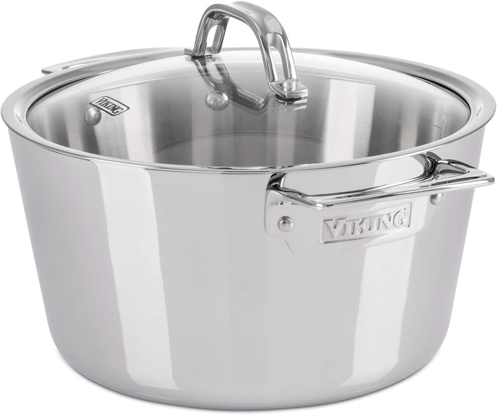 Viking Contemporary 3-Ply Dutch Oven, 5.2 Quart Stainless Steel Cookware Pot with Glass Lid, Dishwasher and Oven Safe, Induction Ready, Silver