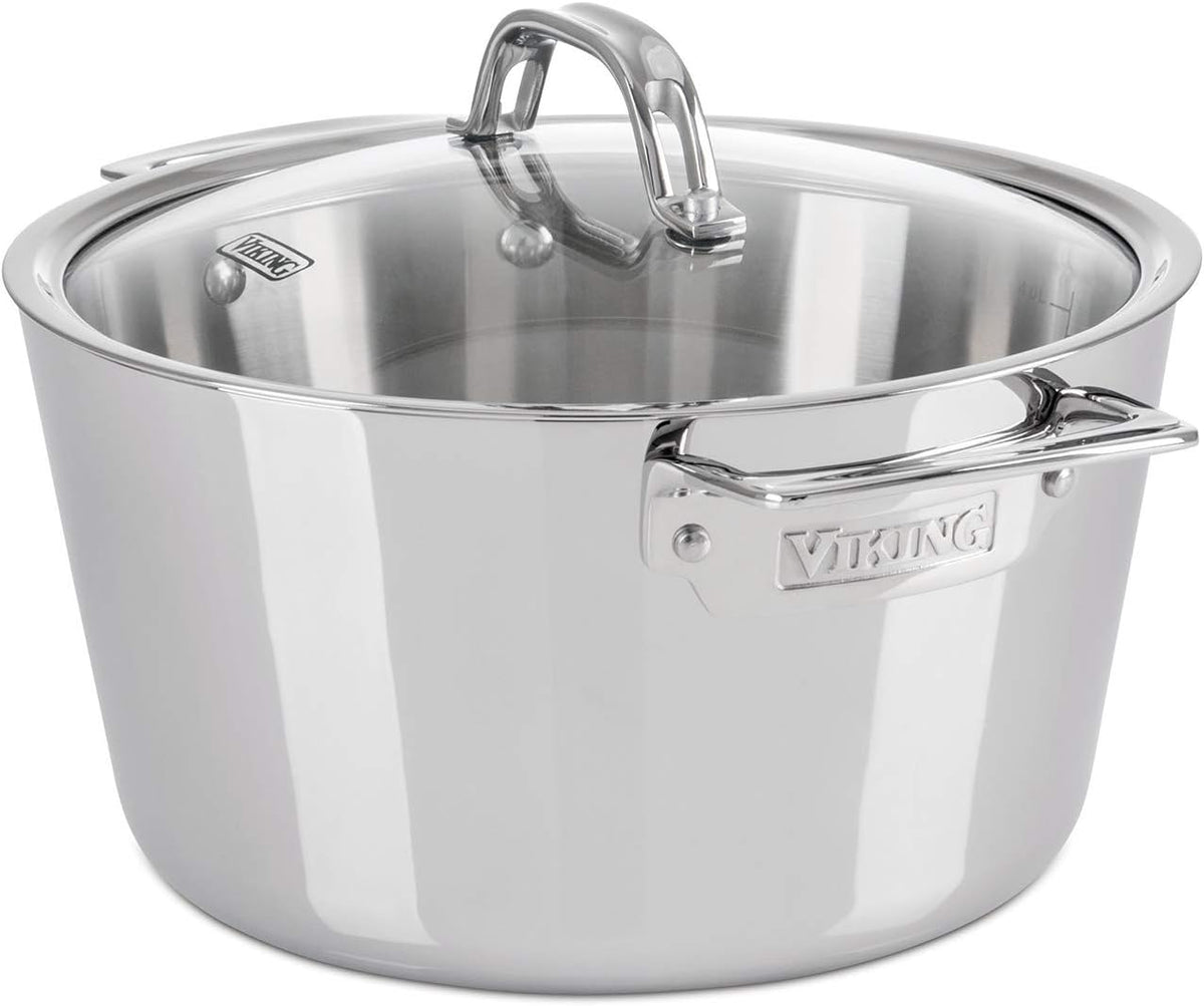 Viking Contemporary 3-Ply Dutch Oven, 5.2 Quart Stainless Steel Cookware Pot with Glass Lid, Dishwasher and Oven Safe, Induction Ready, Silver
