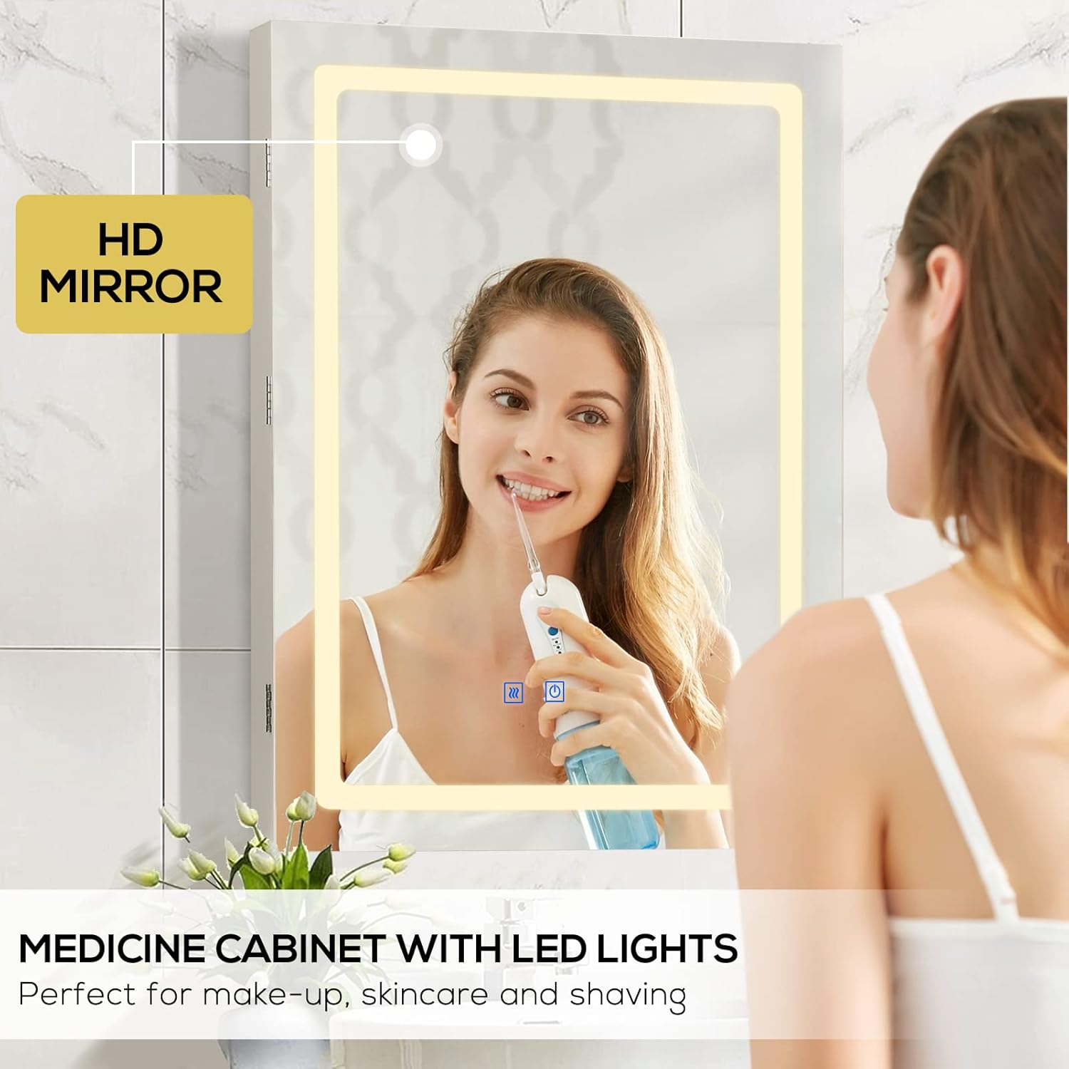 VOWNER Anti-Fog Lighted Bathroom Medicine Mirror Cabinet, Medicine Cabinet with Mirror and Lights, Dimmable, Adjustable Shelves, Memory 3-Color Mode(Engineered Wood, 24"×32")