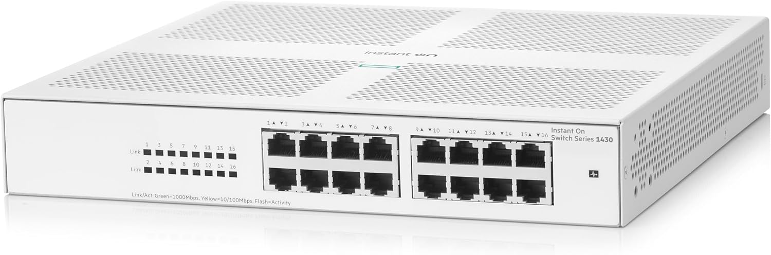 HPE Networking Instant On Switch Series 1430 16-Port Gb Unmanaged Layer 2 Ethernet Switch | 16x 1G | Fan-Less | US Cord (R8R47A#ABA)