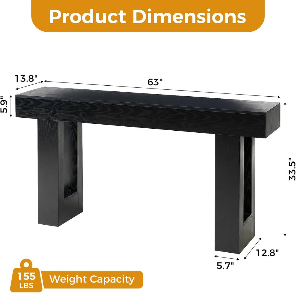 DUMOS 63 Inches Console Farmhouse Table for Entryway, Long Console Table Behind Couch, Solid Wood Narrow Entryway Table for Hallway, Living Room, Foyer, Entrance, Easy Assembly, Black