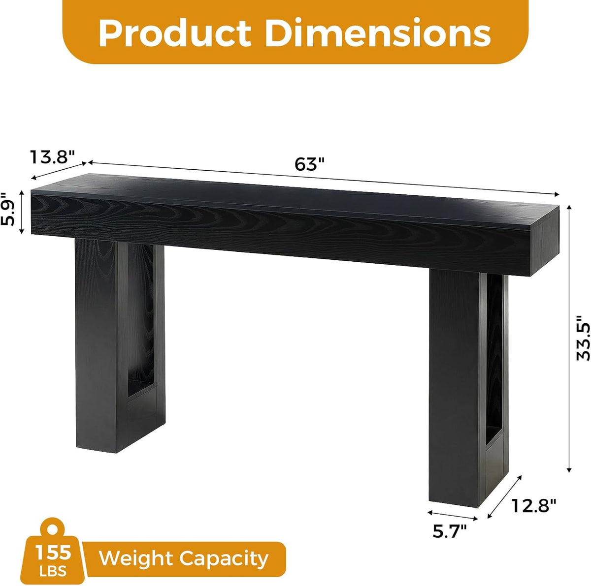 DUMOS 63 Inches Console Farmhouse Table for Entryway, Long Console Table Behind Couch, Solid Wood Narrow Entryway Table for Hallway, Living Room, Foyer, Entrance, Easy Assembly, Black