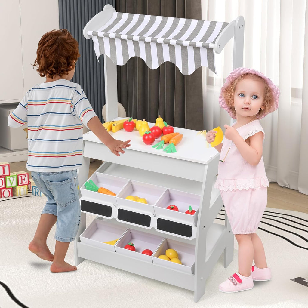 Wooden Market Stand Toy, Pretend Play Grocery Store Playset for Toddler, Fruit Vegetable Stand Selling Stall Shop with 24 PCS Food Accessories for Kids 3+