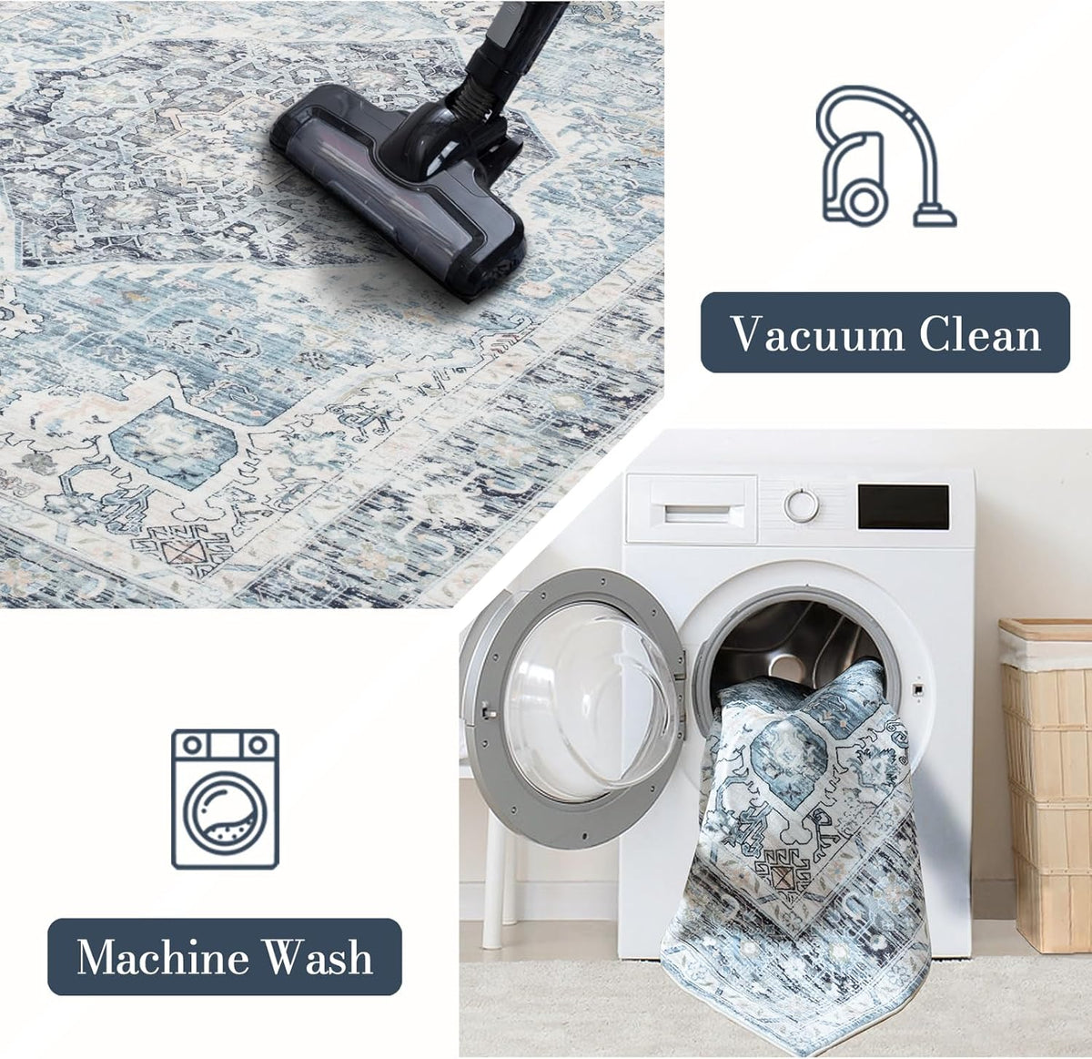 Area Rug 8×10, Large Vintage Boho Rug,Ultra-Soft Low Pile, Washable, Non Slip,Stain Resistant, Printed Carpet for Living Room Bedrooms Playroom Office Kitchen, Light Blue