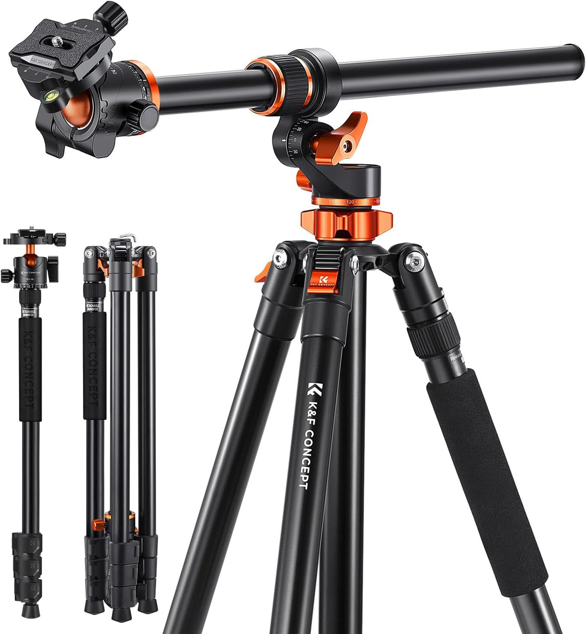 K&F CONCEPT 90''/230cm Ultra High Camera Tripod,Horizontal Overhead Shooting Flexible Travel Tripods with Metal Ball Head 10KG Load Capacity, Detachable Monopod, for Indoor and Outdoor T254A7+BH-28L