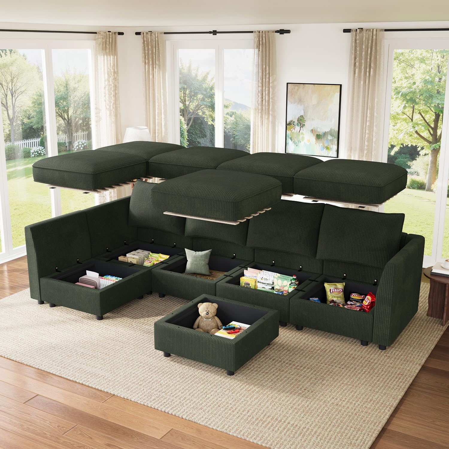 HONBAY Modular Sectional Sleeper Sofa Green Couch L Shaped Sectional Sofa with Storage, Convertible Couches for Living Room - Green
