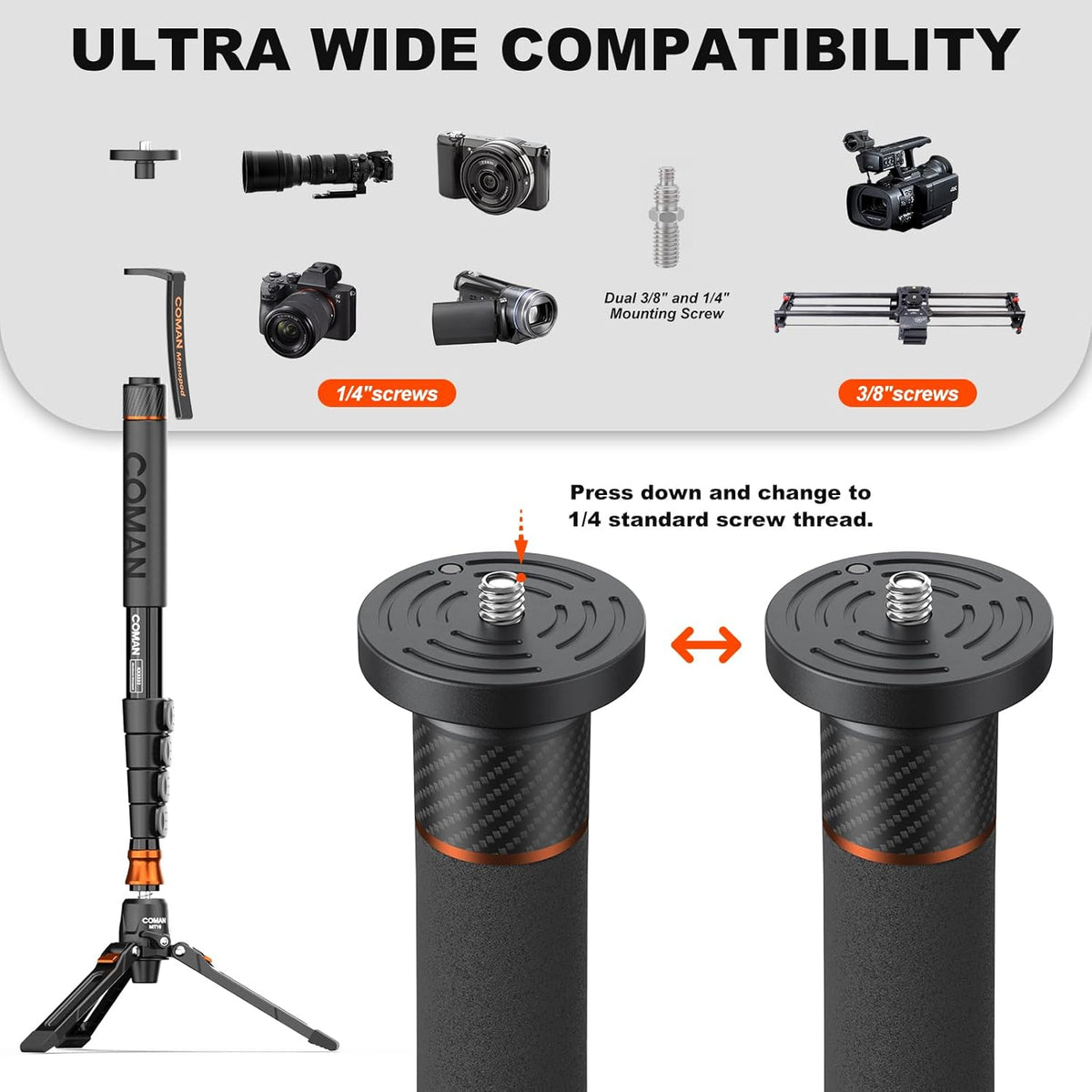Professional Camera Monopod with Feet, 73.2 inch Aluminum Portable Travel Video Monopod with Removable Tripod Stand Base, Max Load 22 Lbs, New Q6 Fluid Head for DJI RS4 Manfrotto, KX3232Q6