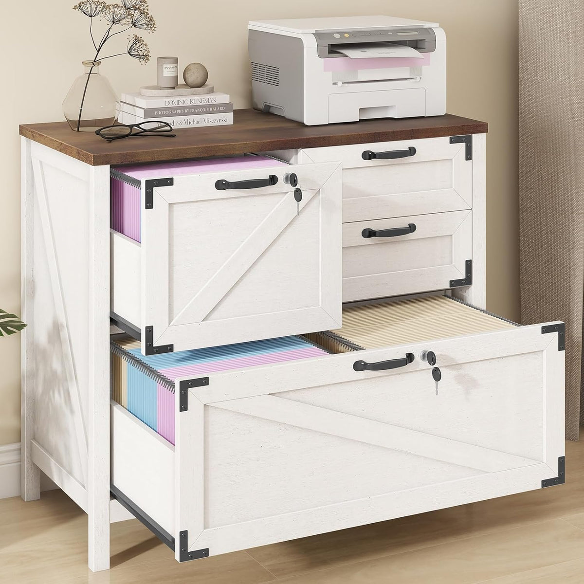 Halitaa Lateral File Cabinet with 4 Drawers, Farmhouse File Cabinet for Letter/Legal/A4 Size Hanging Files, Large Wood File Storage Cabinets Printer Stand for Home Office Cabinets, White with Lock