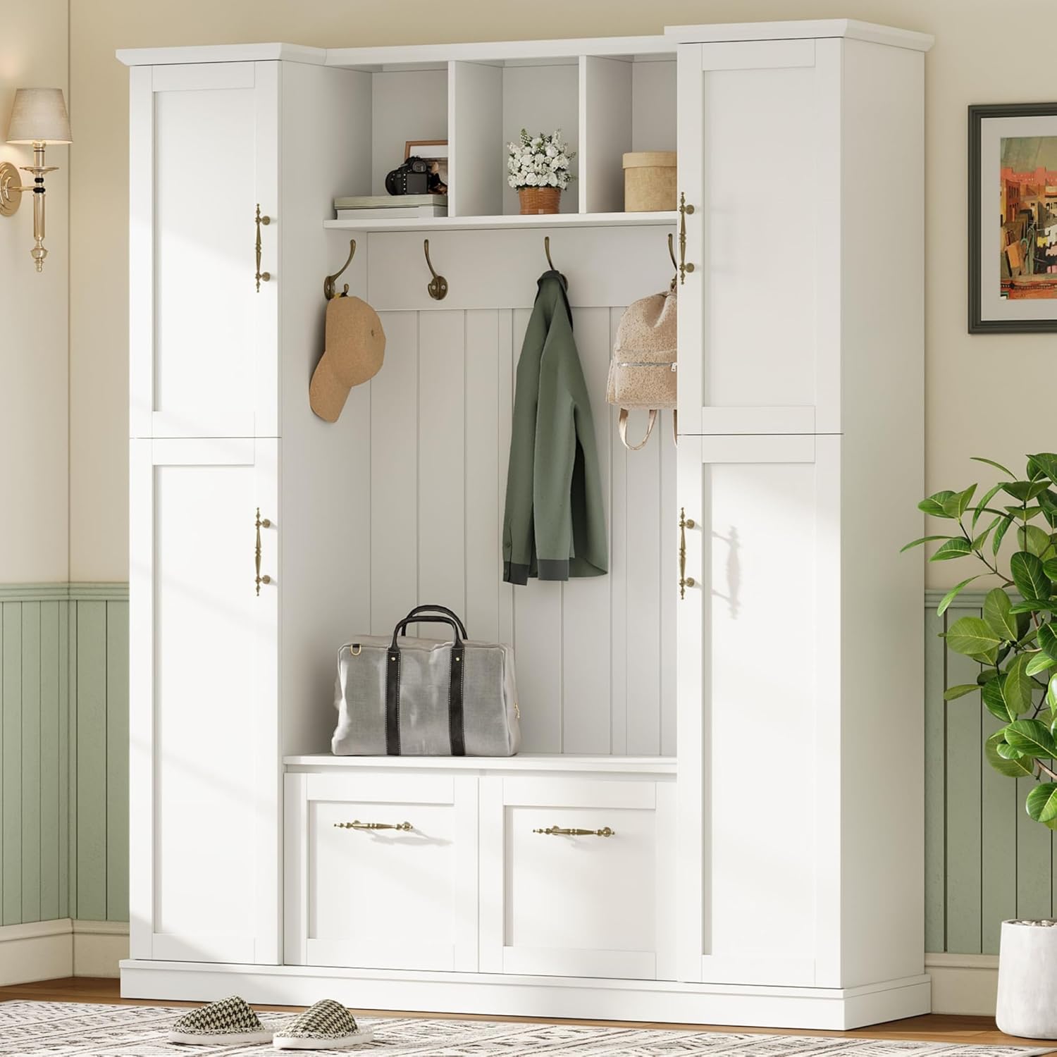 Farmhouse Elegant Hall Tree with 4 Side Cabinets, All-in-One Mudroom Furniture with Adjustable Shelves & Open Cubbies, Beadboard Entryway Bench with Coat Rack & 5 Hooks for Hallway (White-5.7)