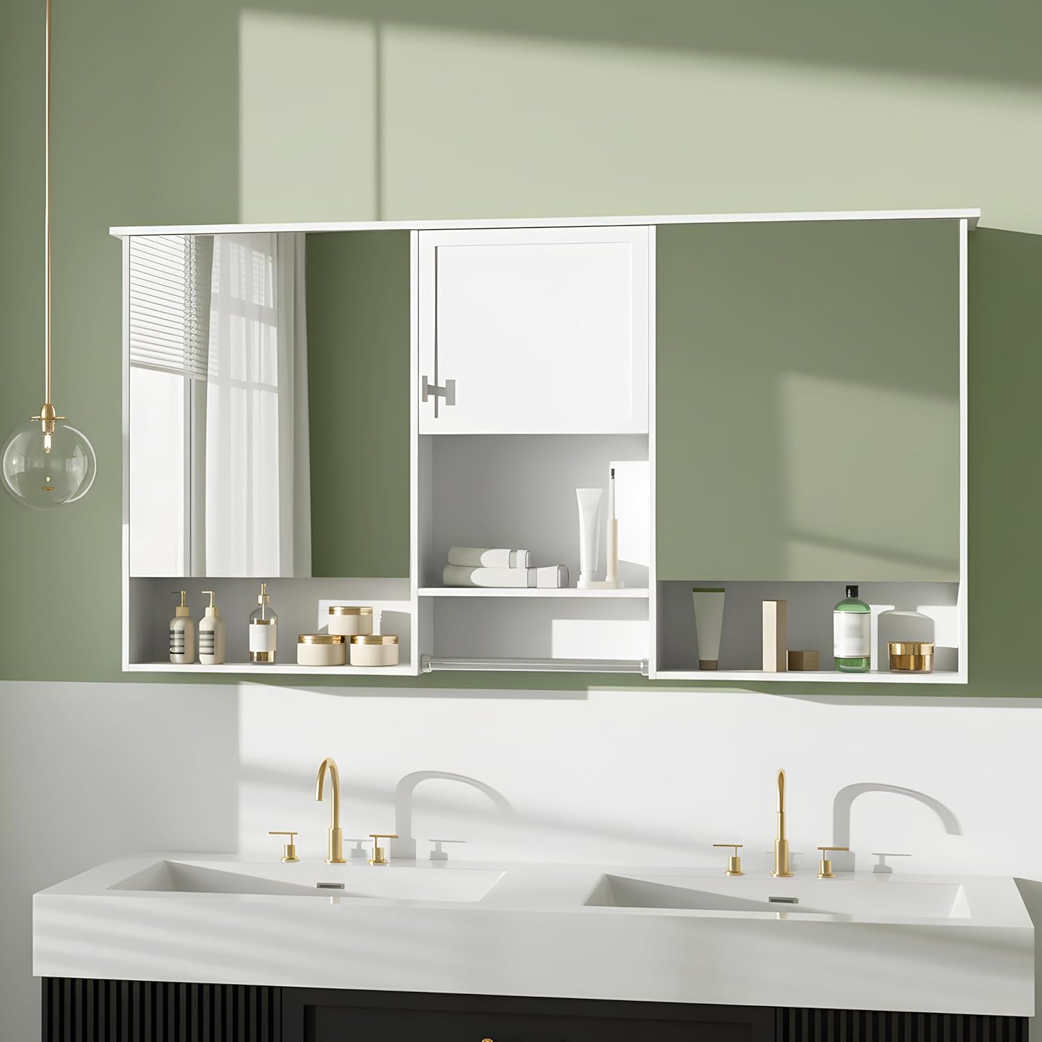 Merax Medicine Cabinet for Bathroom, Wall Mount Bathroom Cabinet with Mirror, Open Shelf, and Towel Bar, 55" W x 28.7" H Over The Toilet Mirrored Bath Wall Cabinet