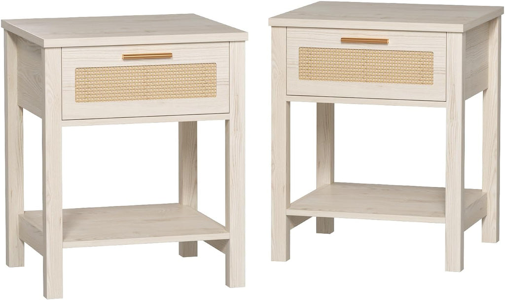 Set of 2 Nightstands, Modern End Table with Drawer and Storage Shelf, Rattan Night Stand for Bedroom Small Spaces, White Cream