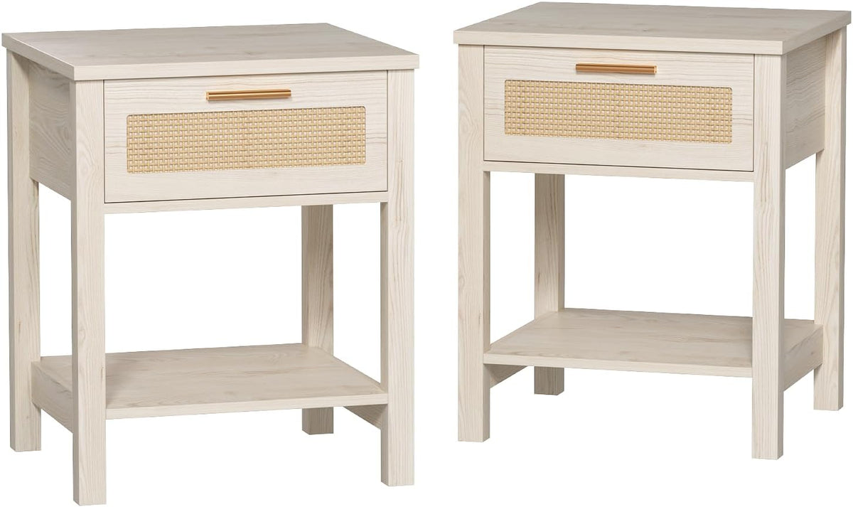 Set of 2 Nightstands, Modern End Table with Drawer and Storage Shelf, Rattan Night Stand for Bedroom Small Spaces, White Cream