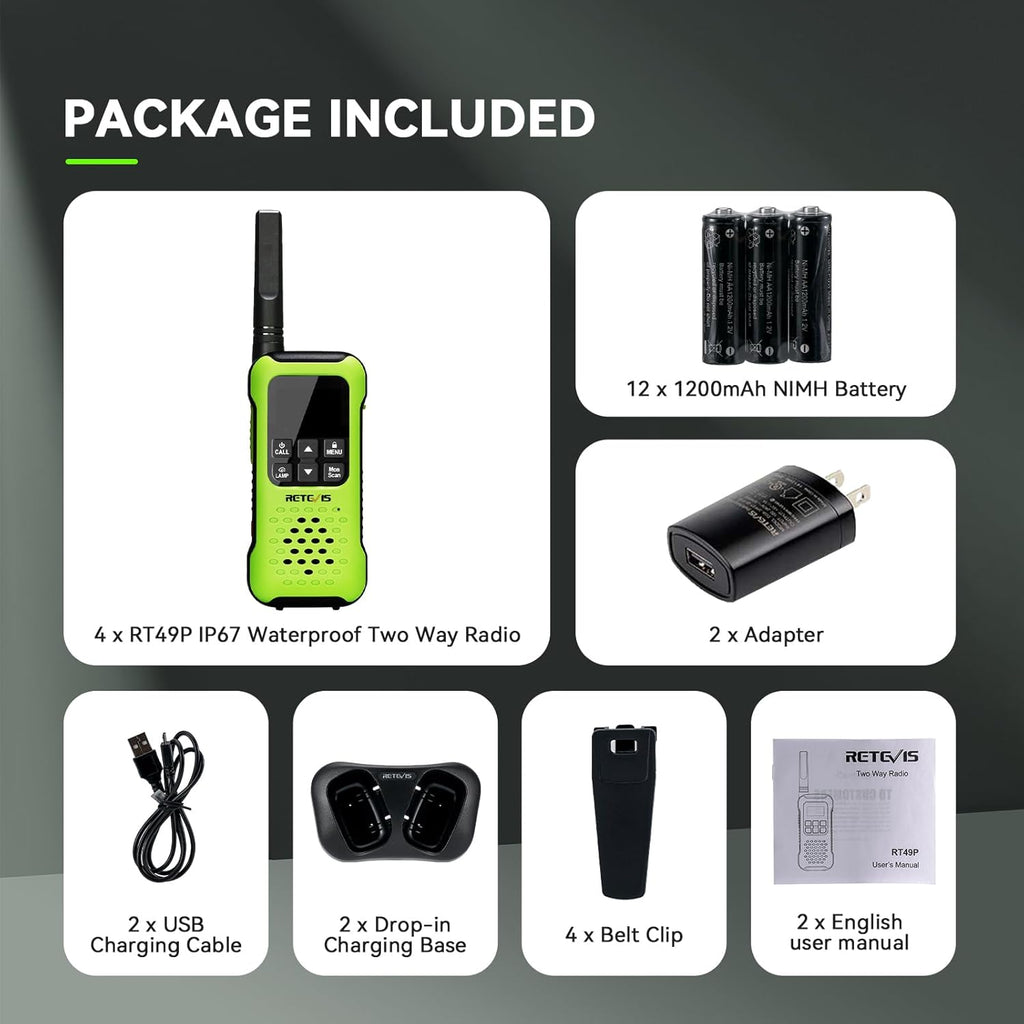 Retevis RT49P Waterproof Two Way Radio, IP67 Waterproof Floating Walkie Talkies, Rechargeable Walkie Talkies for Adults, VOX, NOAA, Flashlight, SOS, for Kayaking, Camping, Skiing 4 Pcs Green