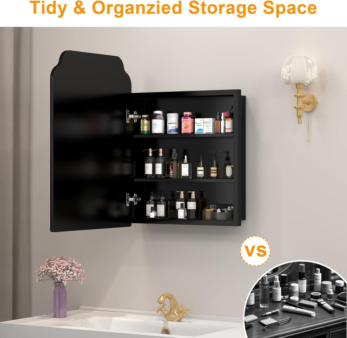 20"x26" Black Irregular Recessed Medicine Cabinet Mirror, Frameless Victorian Bathroom Decorative Mirror with Storage, Surface Mount Medicine Cabinets for Bathroom, Full Metal, 2 Removable Shelves