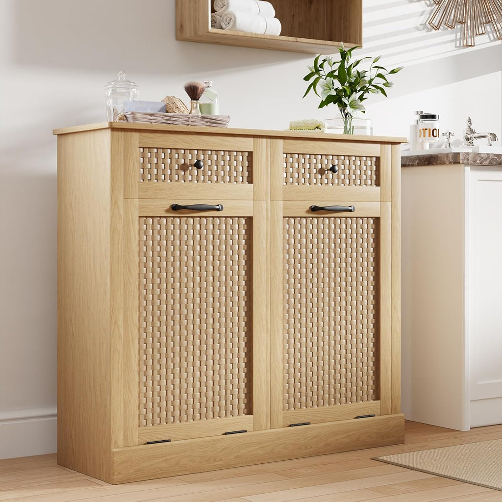 Double Tilt Out Laundry Hamper Cabinet, Rattan-Style Laundry Room Organization with Removable Laundry Basket, Hidden Wood Dirty Clothes Hamper with Drawers, 39" L x 13" W x 35.8" H, Wood
