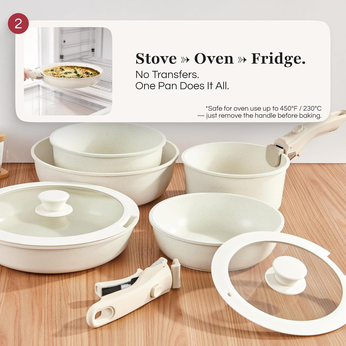 GOURMETIFIC® Pots and Pans Cookware Set 11 PIECES - Non Toxic Ceramic Coated Cooking Ware - Induction, Gas & Oven Kitchenware - Non Stick Pot & Pan with Removable Handles & Stackable (Cream)