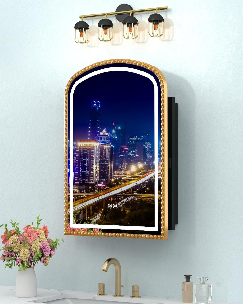 20x28 Inch Arched Medicine Cabinet with Mirror and Lights, LED Bathroom Mirror Cabinet with Defogging & Touch Light, Surface Mount and Recessed with 1 Storage Organizer, Daisy Beaded Frame Bling Gold