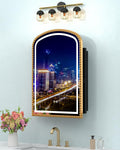 20x28 Inch Arched Medicine Cabinet with Mirror and Lights, LED Bathroom Mirror Cabinet with Defogging & Touch Light, Surface Mount and Recessed with 1 Storage Organizer, Daisy Beaded Frame Bling Gold