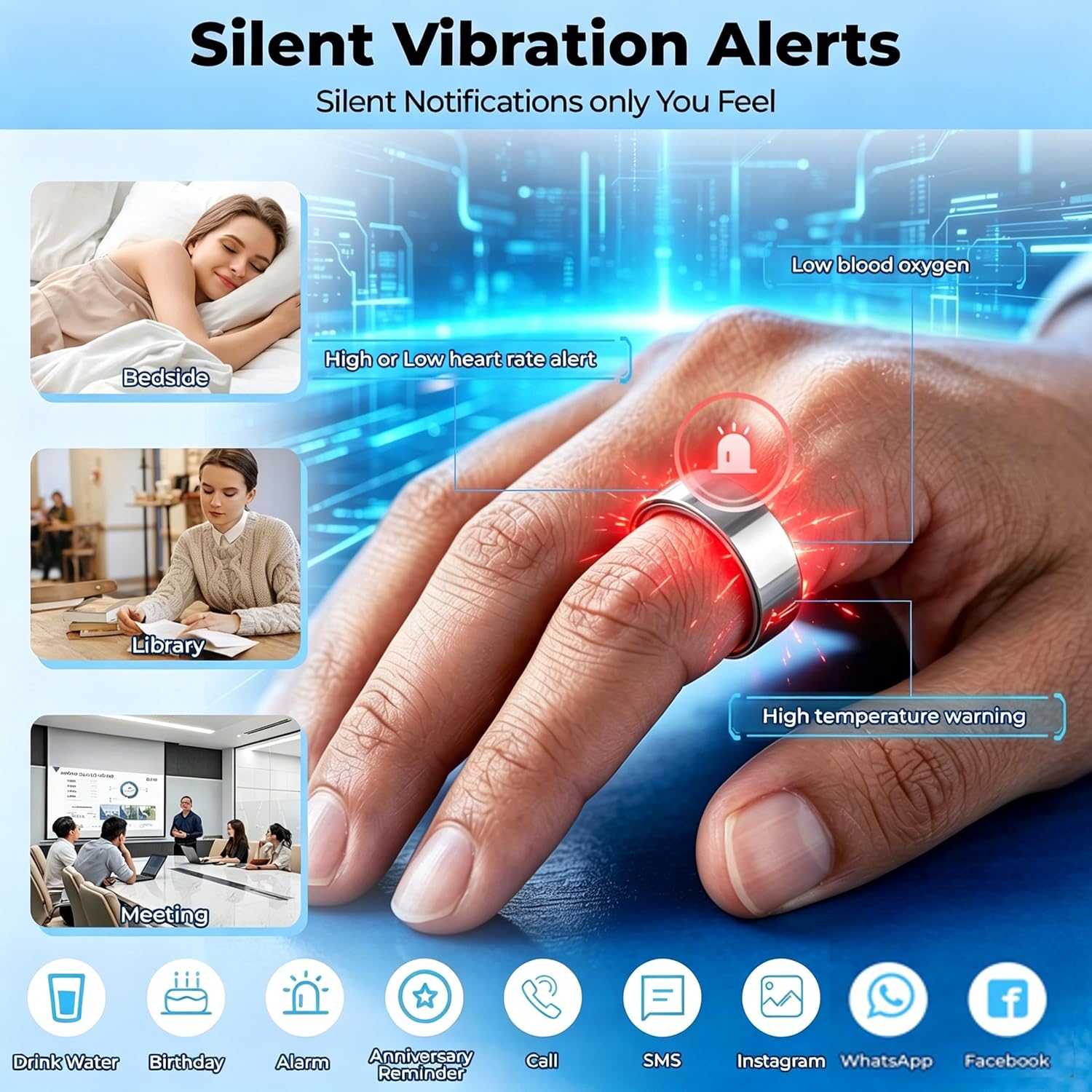 XUV Smart Health Ring for Women Men, Waterproof Smart Ring with Heart Rate/Emergency Alert, Daily Reminders, Sleep, Sport Report– No Subscription Fee, Compatible with iOS & Android(Silver, 11)
