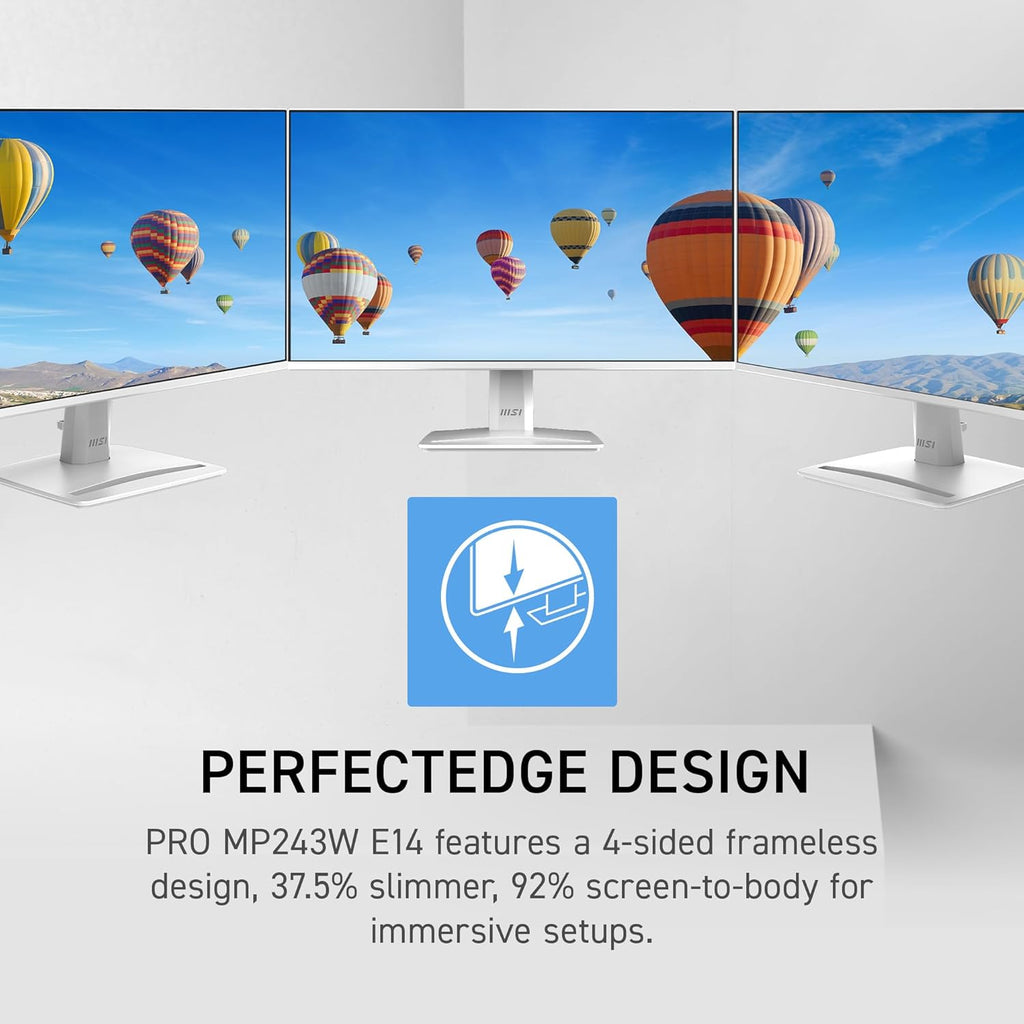 msi PRO MP243W E14 24-inch IPS 1920 x 1080 (FHD) Computer Monitor, 144Hz, Adaptive-Sync, HDR Ready, HDMI, Display Port, VESA Mountable, Tilt, 4-Side Slim Bezel, 1ms, White