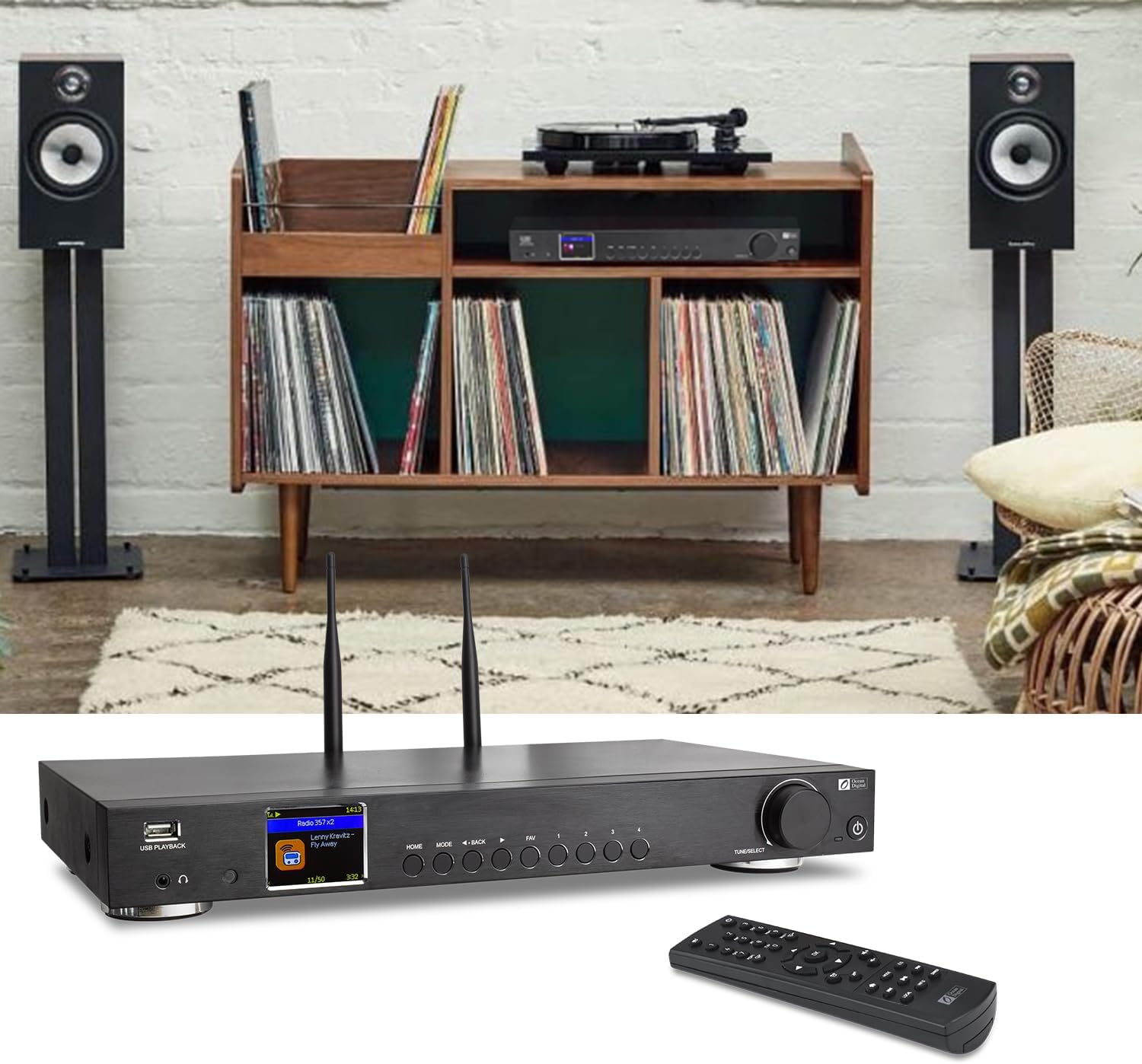 Ocean Digital WR-50 Internet Radio Tuner Component Wi-Fi, Ethernet LAN, Podcasts, Stereo Outputs to Connect Hi-Fi System, Bluetooth Receiver, USB Playback, Remote Control, 2.4" Color Display