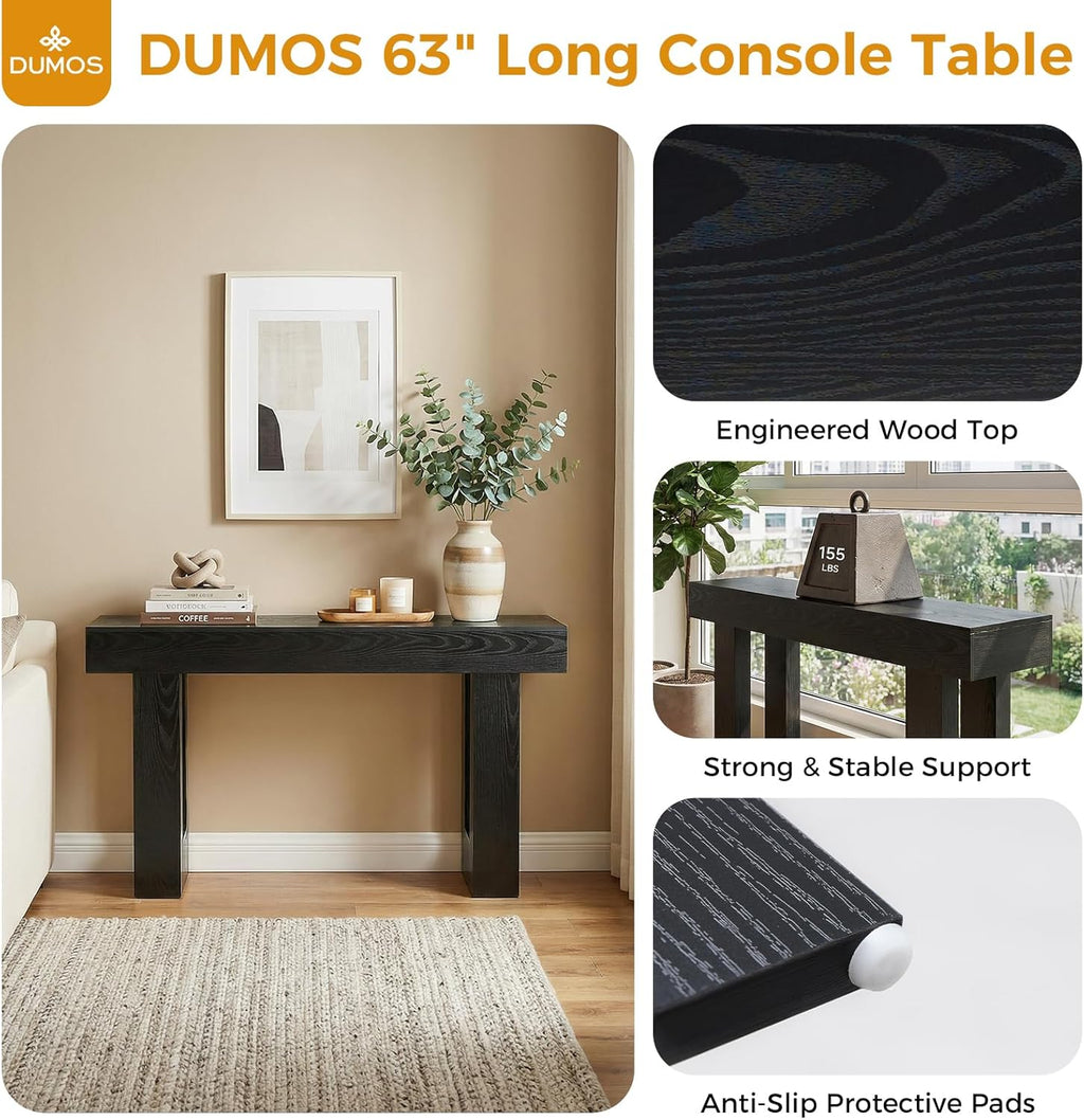 DUMOS 63 Inches Console Farmhouse Table for Entryway, Long Console Table Behind Couch, Solid Wood Narrow Entryway Table for Hallway, Living Room, Foyer, Entrance, Easy Assembly, Black