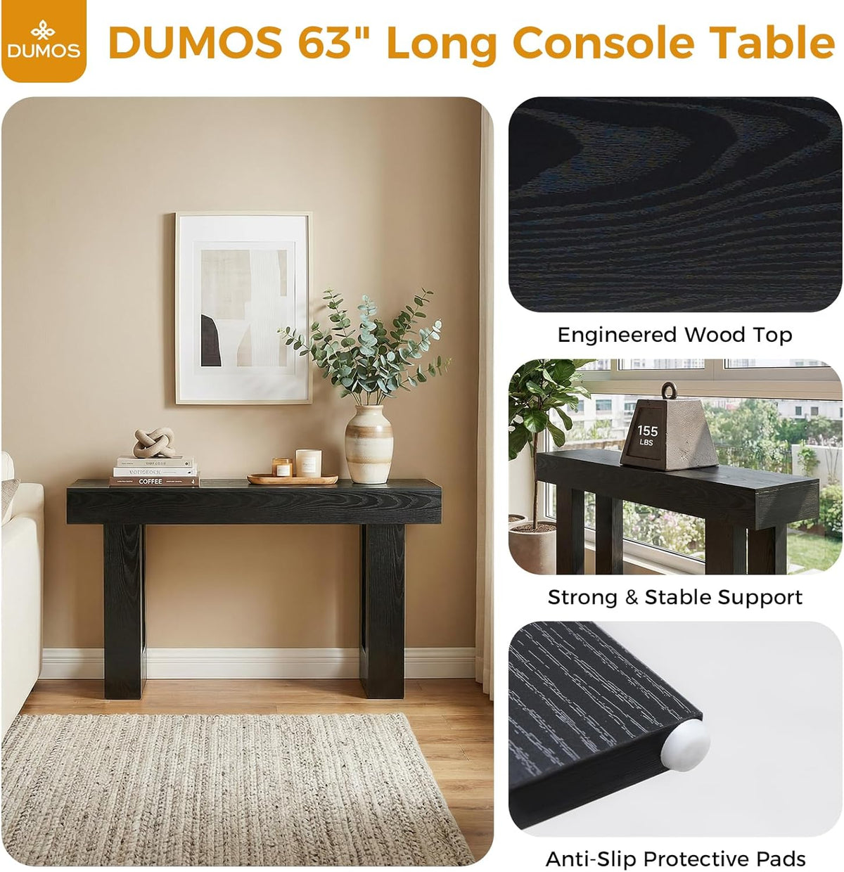 DUMOS 63 Inches Console Farmhouse Table for Entryway, Long Console Table Behind Couch, Solid Wood Narrow Entryway Table for Hallway, Living Room, Foyer, Entrance, Easy Assembly, Black