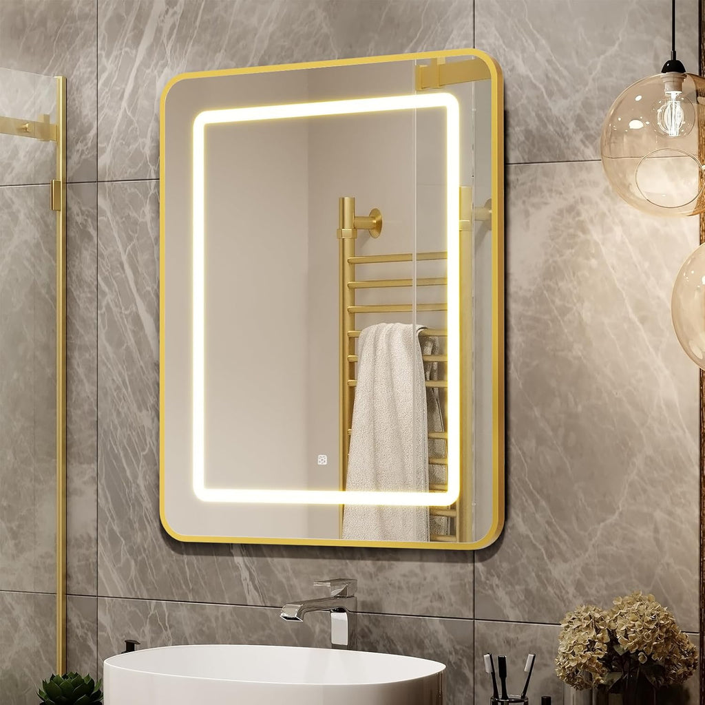 APRILSOUL 24X30 Inch Gold Bathroom Medicine Cabinet with Mirror, Recessed or Surface Lighted Medicine Cabinet with 3 Colors Temperature, Dimmable Light