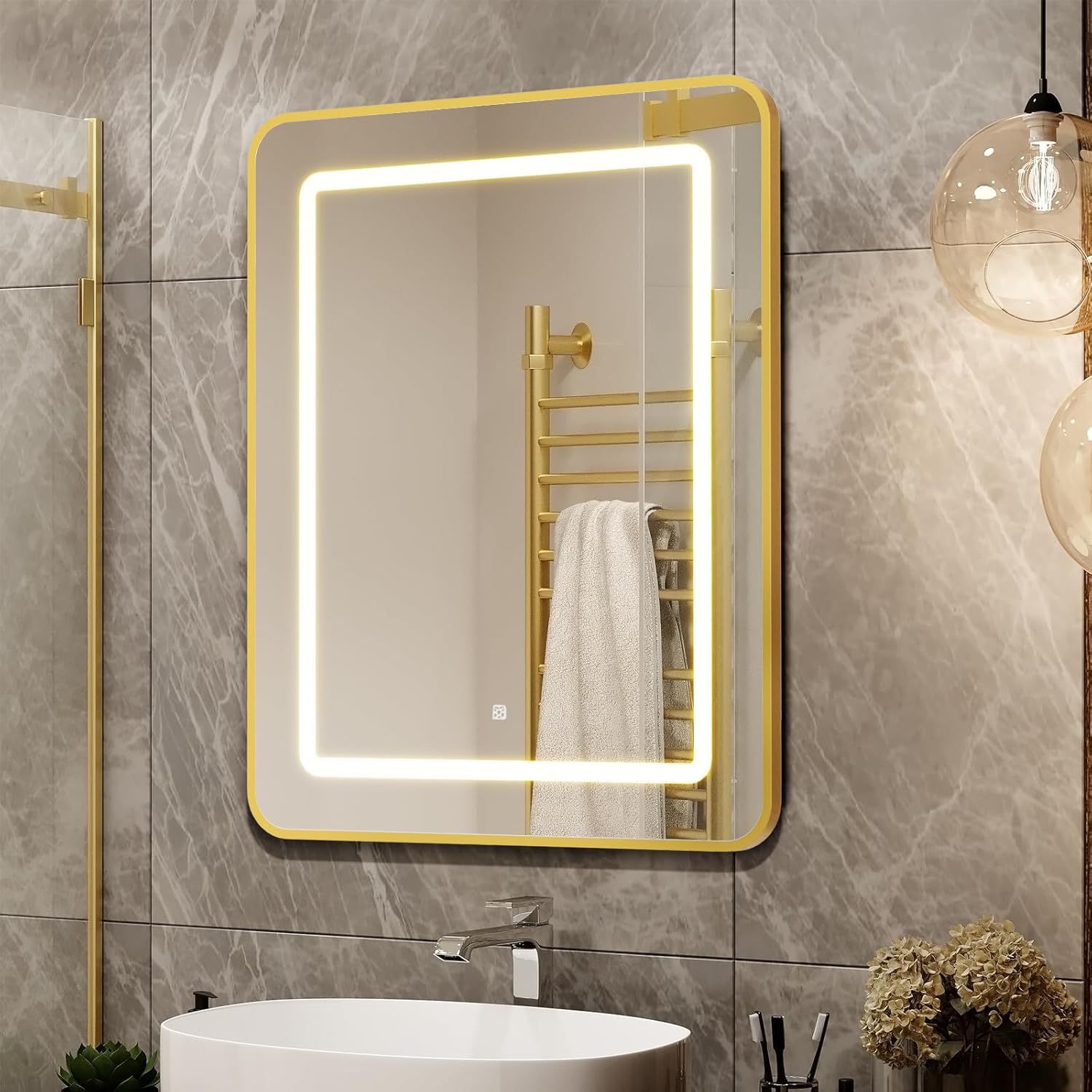APRILSOUL 24X30 Inch Gold Bathroom Medicine Cabinet with Mirror, Recessed or Surface Lighted Medicine Cabinet with 3 Colors Temperature, Dimmable Light
