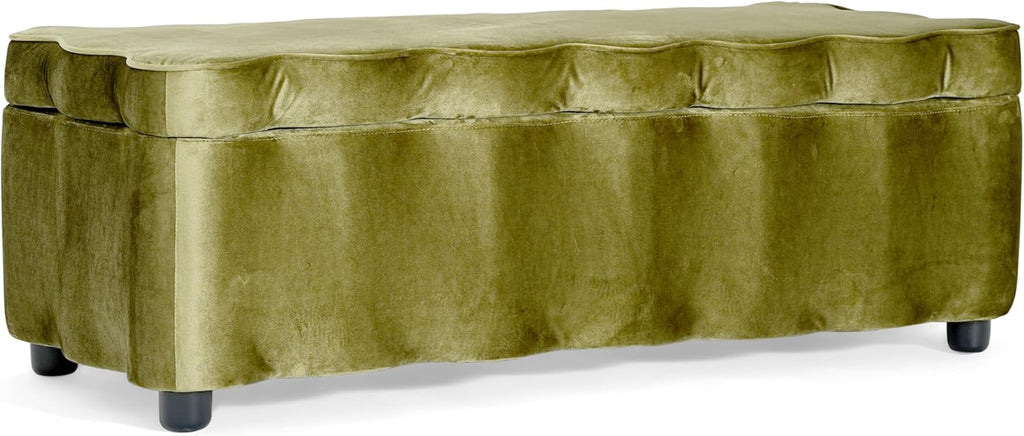 Christopher Knight Home Pean Living Room Ottoman with Storage, Velvet Upholstered Storage Ottoman Bench, Sofa Foot Stool with Wood Frame, Bedroom End of Bed Bench, Chic Scalloped Design, Olive Green