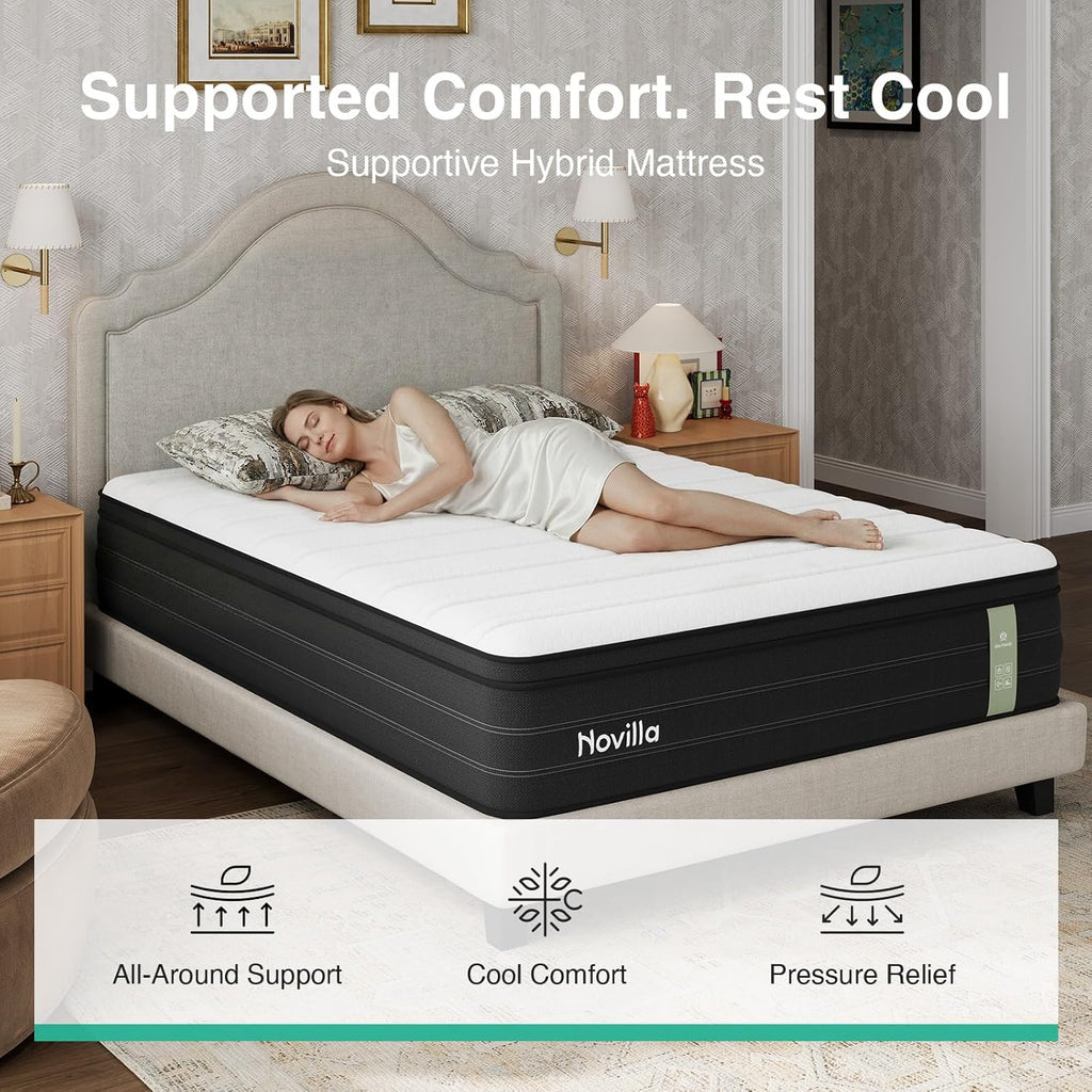 Novilla Queen Mattress in a Box, 10 Inch Cooling Hybrid Mattress with Upgraded Pocketed Coils & Gel Memory Foam, Enhanced Support, Motion Isolation, Pressure Relief, CertiPUR-US