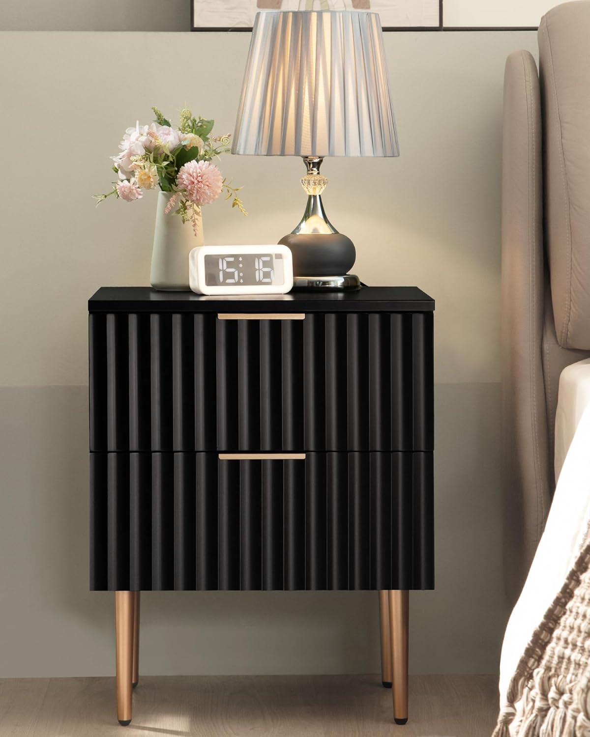 SICOTAS Black Night Stand Set 2, Fluted Glossy Nightstand with 2 Drawers, Wide Modern Storage Bedside Table for Bedroom, End Side Table with Golden Metal Legs and Handles (Black, 1 Piece)