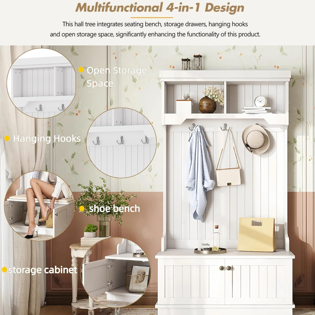 4-in-1 Entryway Hall Tree with Storage Shoe Bench, Coat Rack with Hooks, Open Shelves & Cabinet, Modern Organizer for Mudroom Hallway (White)