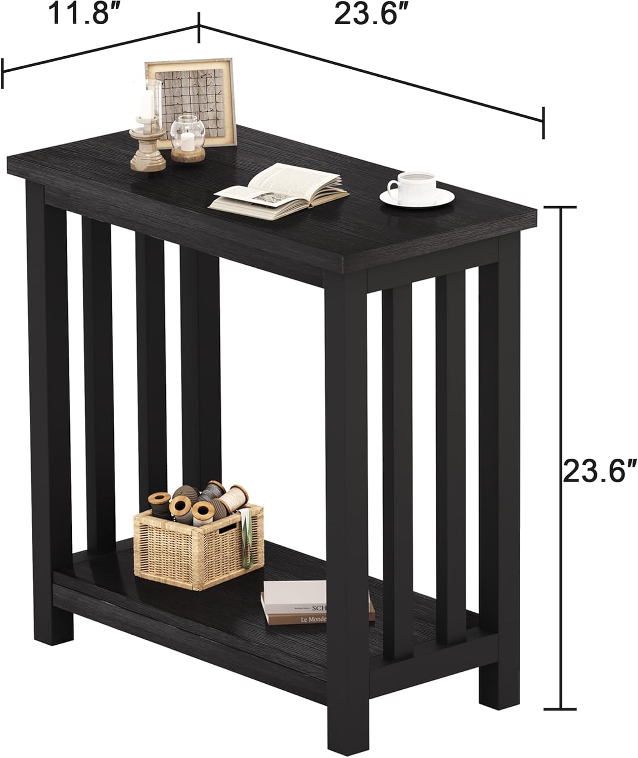 ChooChoo Mission End Tables Set of 2, Narrow Side Tables for Small Spaces, Night Stands with Storage Shelf for Living Room and Bedroom, Black