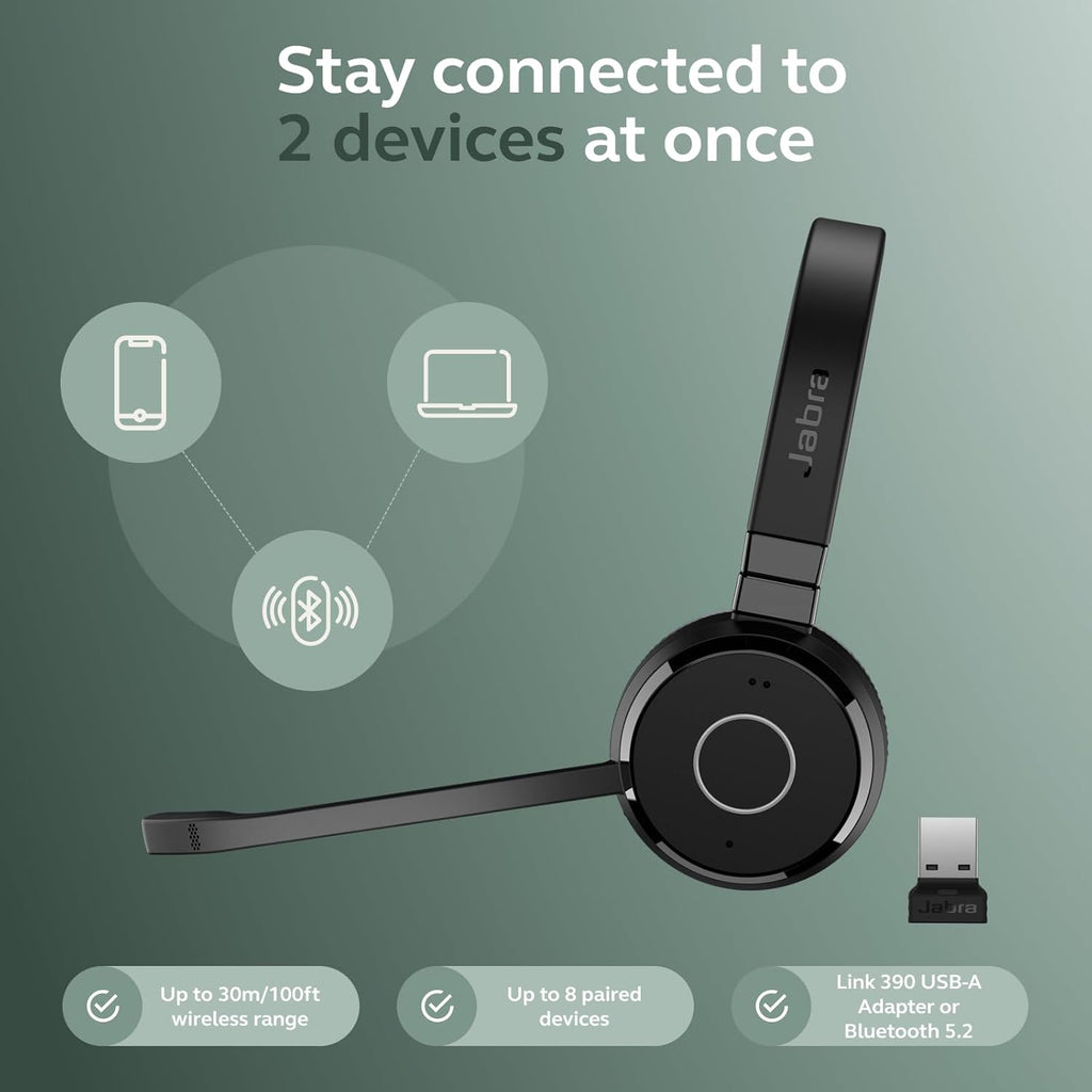 Jabra Evolve 65 TE (Third Edition) Wireless Single-Ear Headphones - Noise-Canceling Mic, 16 hr Battery Life, Dual Connectivity, MS Teams Certified, Supports Other Platforms, Black