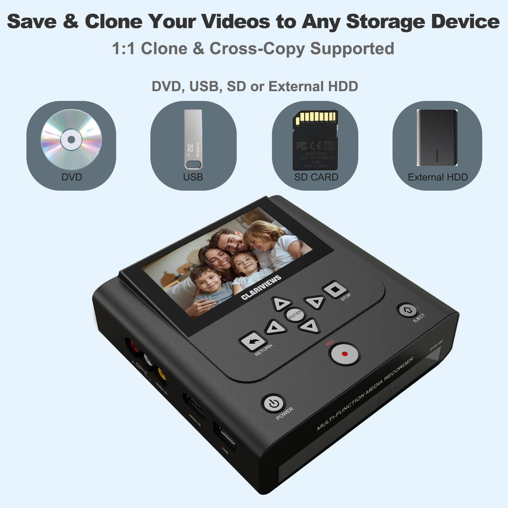 VHS to DVD Recorder, DVD Recorder with HDMI & AV Input, Convert VHS, VCR, Hi8 and Camcorder to DVD, USB, SD or HDD, No PC Needed, 4.3" LCD Preview, Phone Video/Photo to DVD/USB/SD/HDD App Copy