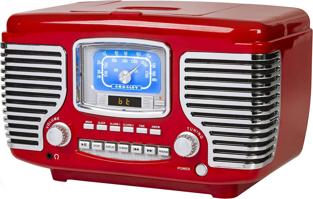 Crosley CR612B-RE Corsair Retro AM/FM Alarm Clock Radio and CD Player with Stereo Bluetooth Speakers, Red