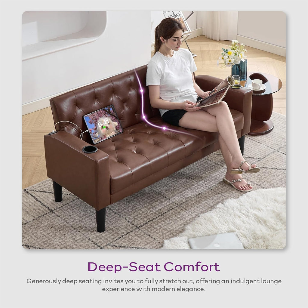 TYBOATLE 62" W Leather Loveseat w/Chairs, 3 Piece Sofa Sets for Living Room w/ 2 USB Charger Ports and 2 Cupholders, Living Room Furniture Sets of 3 (3, Brown)