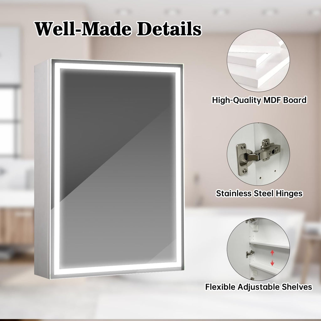28 x20Inch LED Medicine Cabinet Mirror with Lights for Bathroom,Defogger,Stepless Dimmable, 3000K/5500K Color Temperature Wall Mounted Makeup Mirror,Adjustable Shelf (Assembly Required)