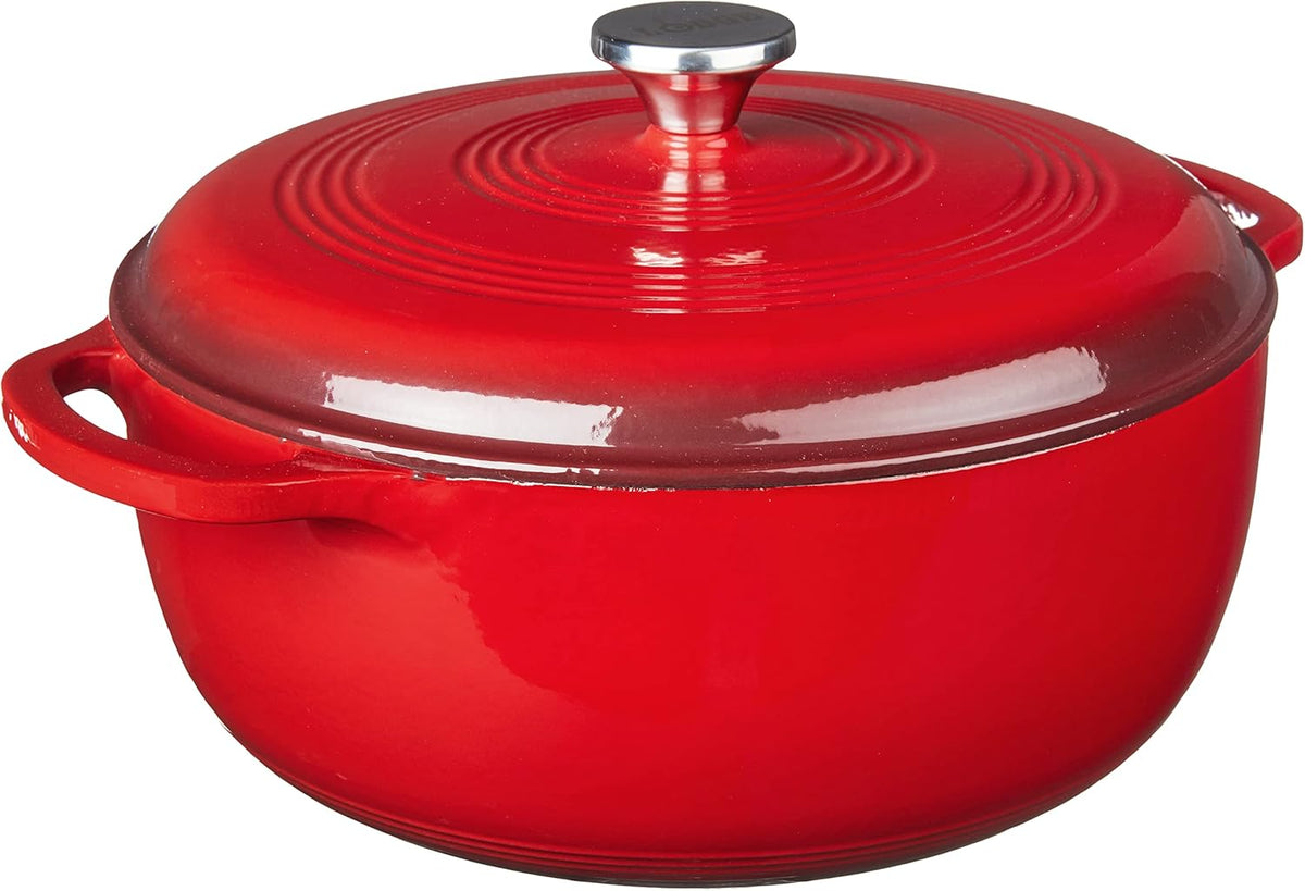 Lodge Essential Enamel Cast Iron Dutch Oven with Lid 7.5 Quart - Oven-Safe Enamel Cookware up to 500° F - Heat-Retaining Braising & Roasting Pot - Non-Toxic Cookware - Island Spice Red