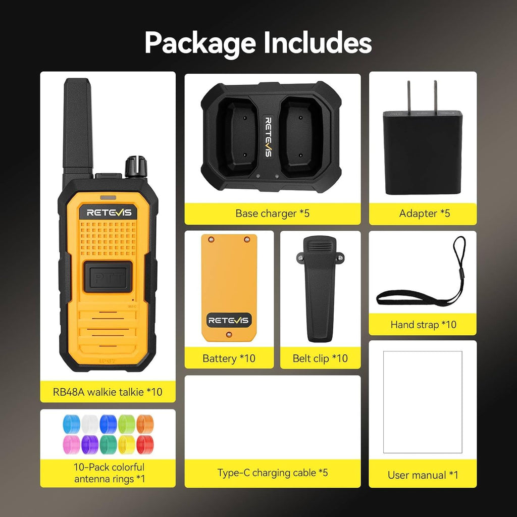Retevis RB48A IP67 Waterproof Walkie Talkies Long Range Adults, Heavy Duty 2 Way Radio, Noise Reduction, Large PTT, 1000mW Speaker, 23-Hour, Rechargeable, for Manufacturing Construction (10 Pack)