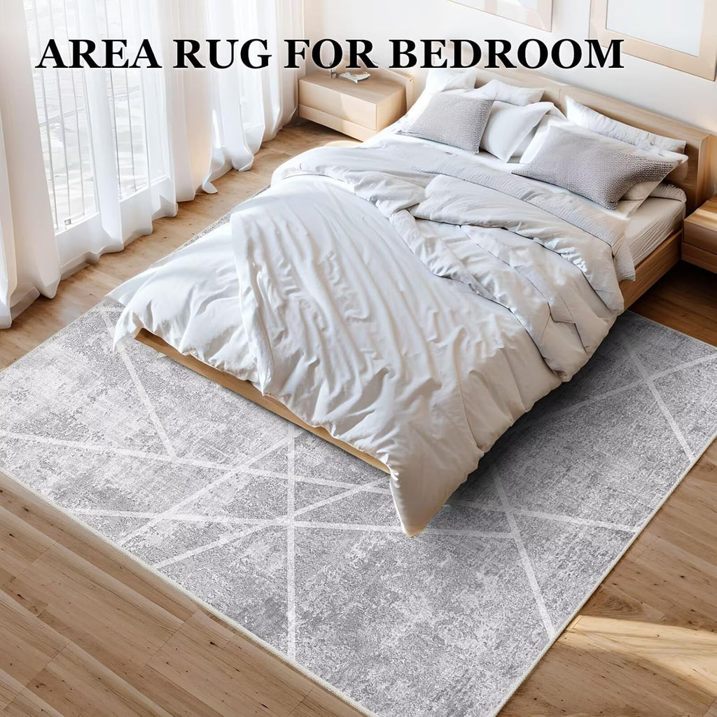 Vamcheer Modern Area Rug 6x9 - Upgraded 10mm Thick Sponge for Exceptional Comfort, Abstract Area Rug for Living Room/Bedroom/Office, Non-Shedding & Easy to Clean, Grey White Oblique Lines