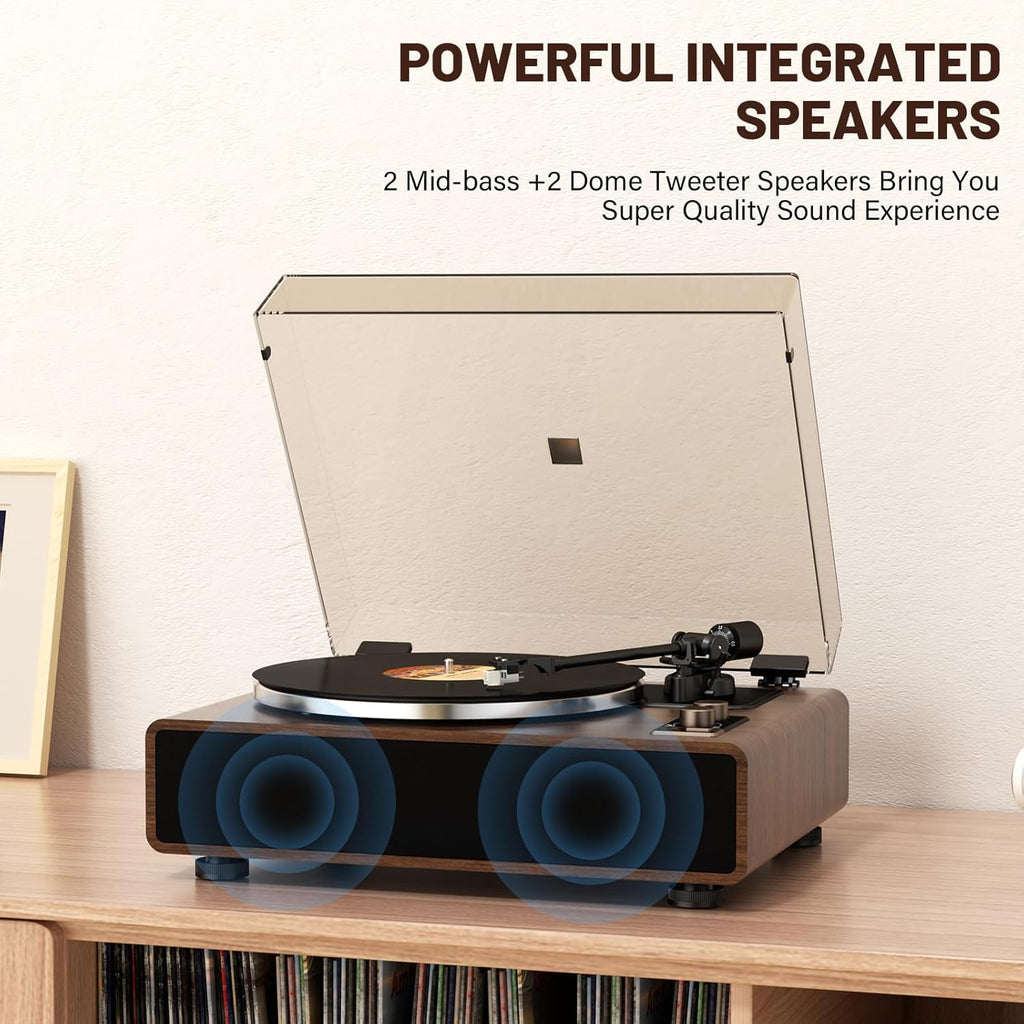 FEKTIK Vinyl Record Player with Magnetic Cartridge,High Fidelity Belt Drive Turntable with Built-in Speakers, Bluetooth Playback and Aux-in Functionality, Auto Off