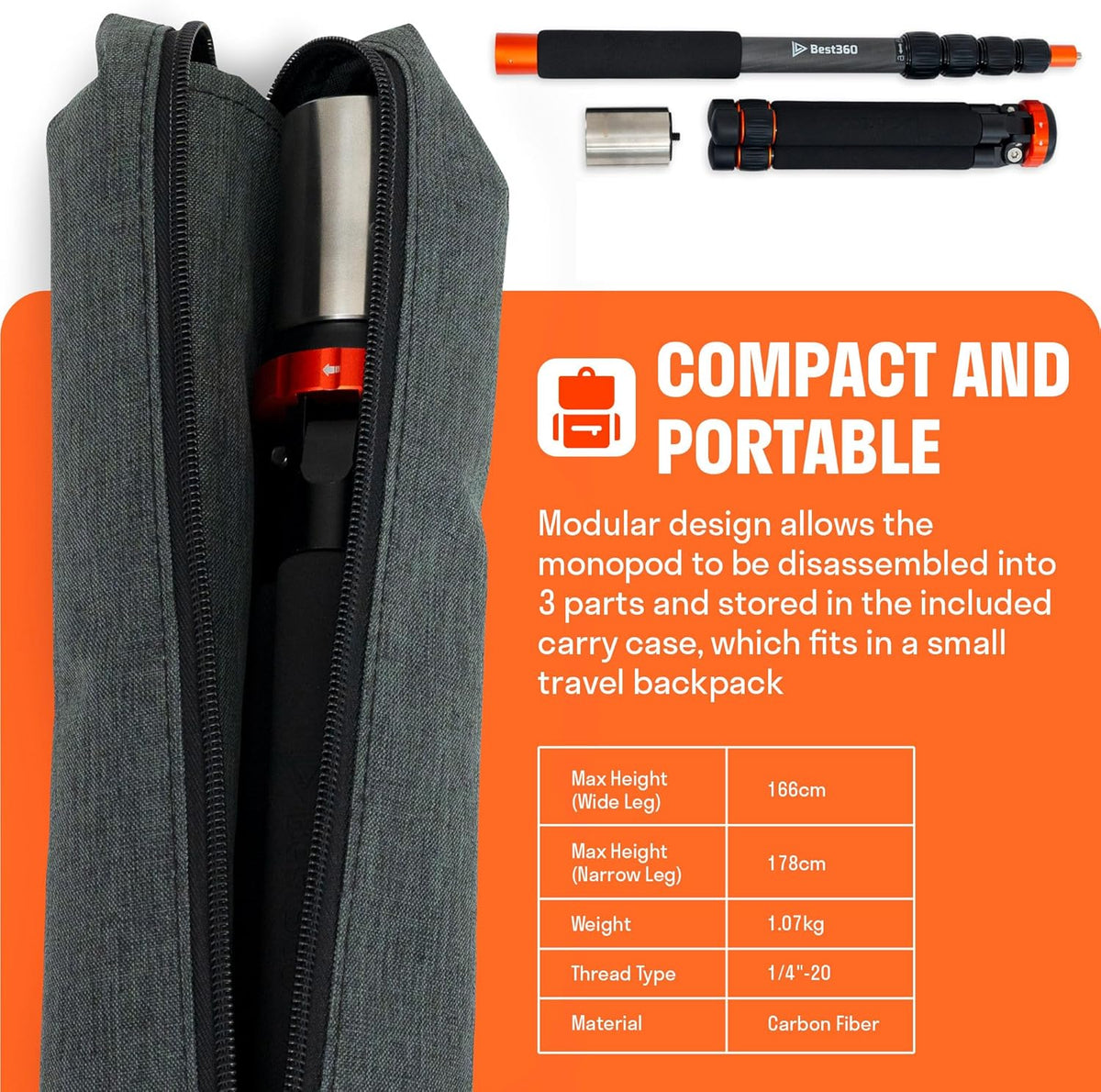 Monopod Pro Carbon Fiber Edition 360 Camera Stand, Compatible with Insta360 X5, X4, X3/DJI Osmo 360/GoPro MAX 2/Ricoh Theta X, Z1/Kandao Qoocam 3 Ultra