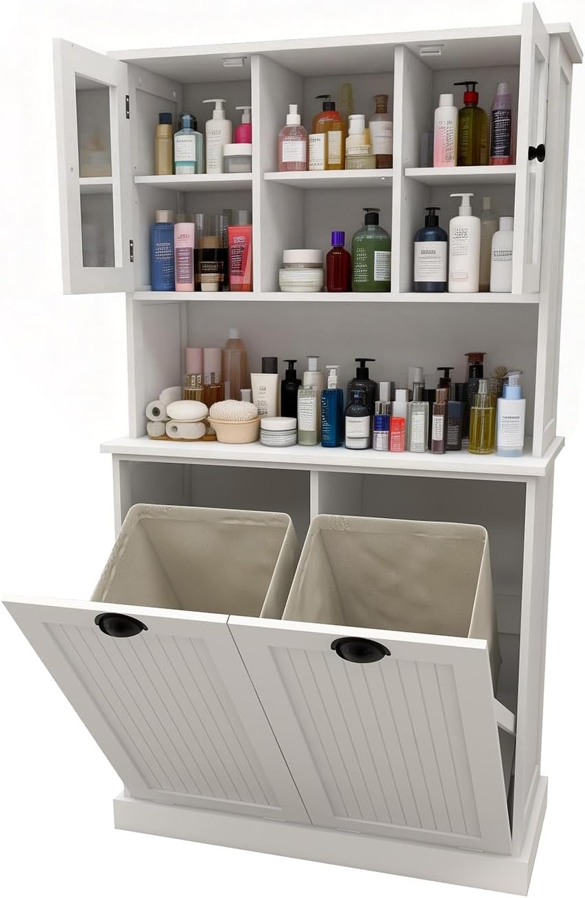 Tilt-Out Laundry Hamper Cabinet, 60-inch Tall Bathroom Cabinet with 2 Large Pull-Out Laundry Baskets, Glass Doors, and 2 Adjustable Shelves, Bathroom Organizer Cabinet for Laundry and Balcony, White