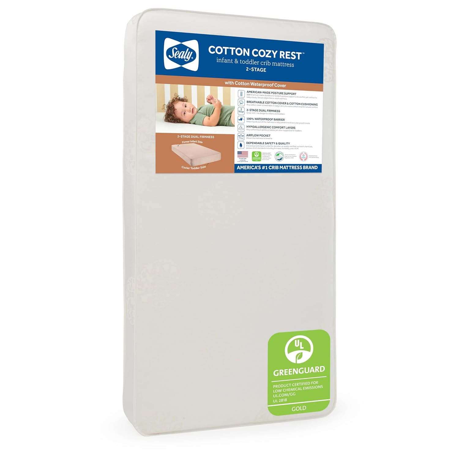 Sealy Baby Cotton Cozy Rest Breathable 2 Stage Waterproof Crib Mattress plus Toddler Bed Fit, 204 Coils & Soft Coton Cover, GREENGUARD Gold Certified, Safety & Quality Tested, Made in USA, 52"X28"